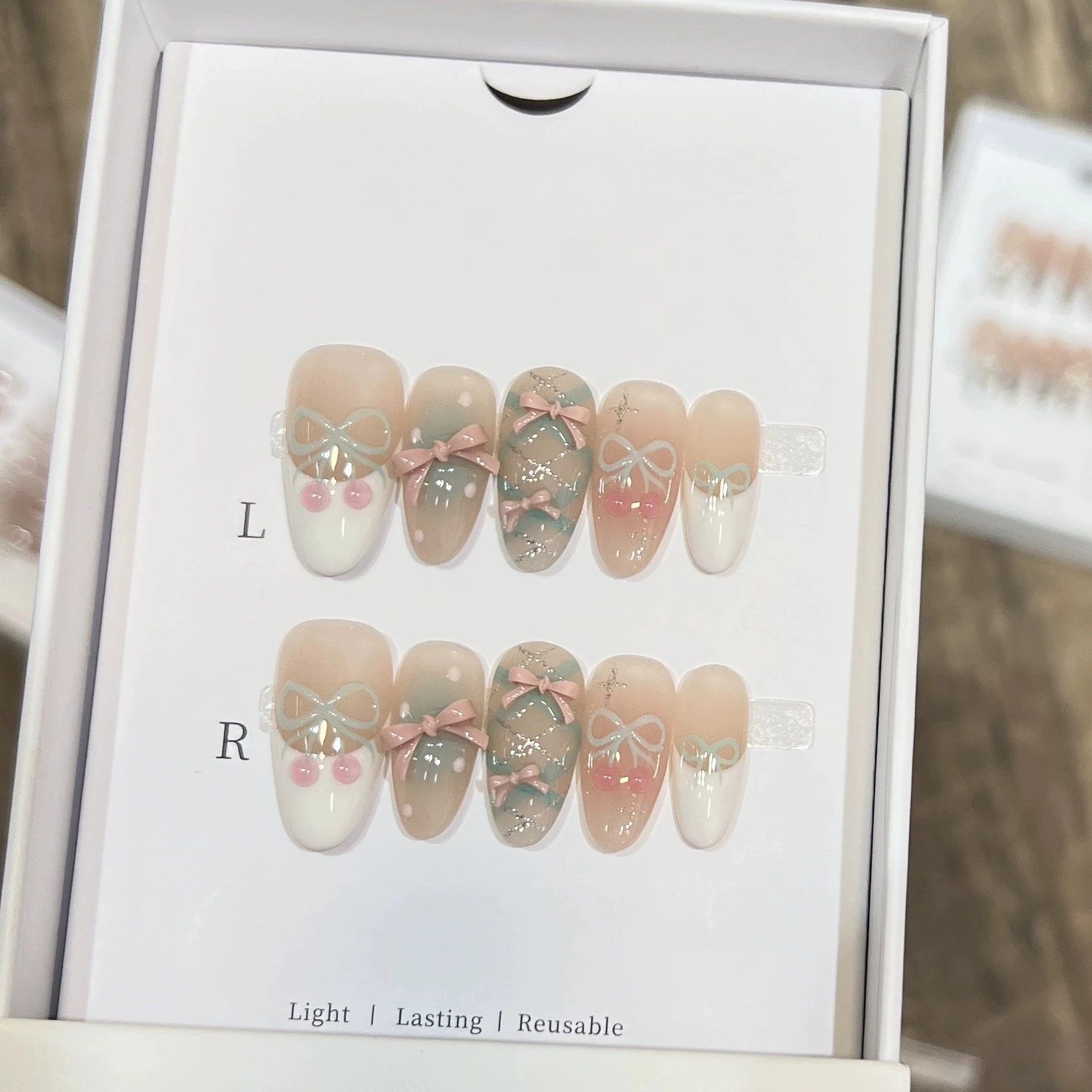 10 قطعة اللوز الفرنسي اليدوية الصحافة على الأظافر ثلاثية الأبعاد القوس الوردي الأظافر وهمية يمكن ارتداؤها عصا على الأظافر أظافر صناعية UñasсыНДТП