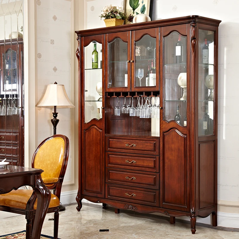 American Living Room Solid Wood Storage Glass Door Display Cabinet European-style Household Four-door Wine Cabinet Assembly