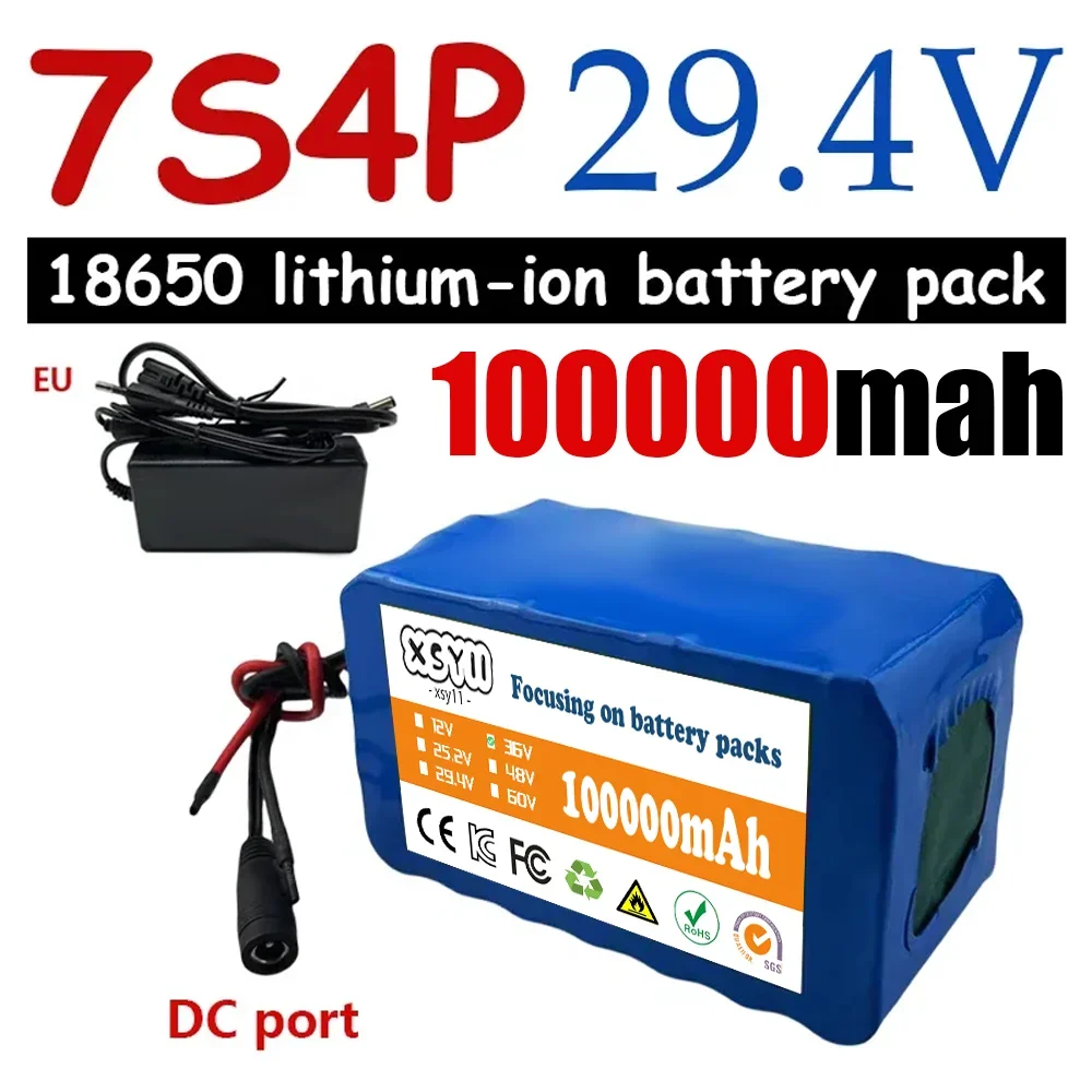 24V 7S4P 18650 Battery 100Ah 100000mAh for Electric Wheelchairs Rechargeable Lithium-ion Battery Pack + 29.4V Charger