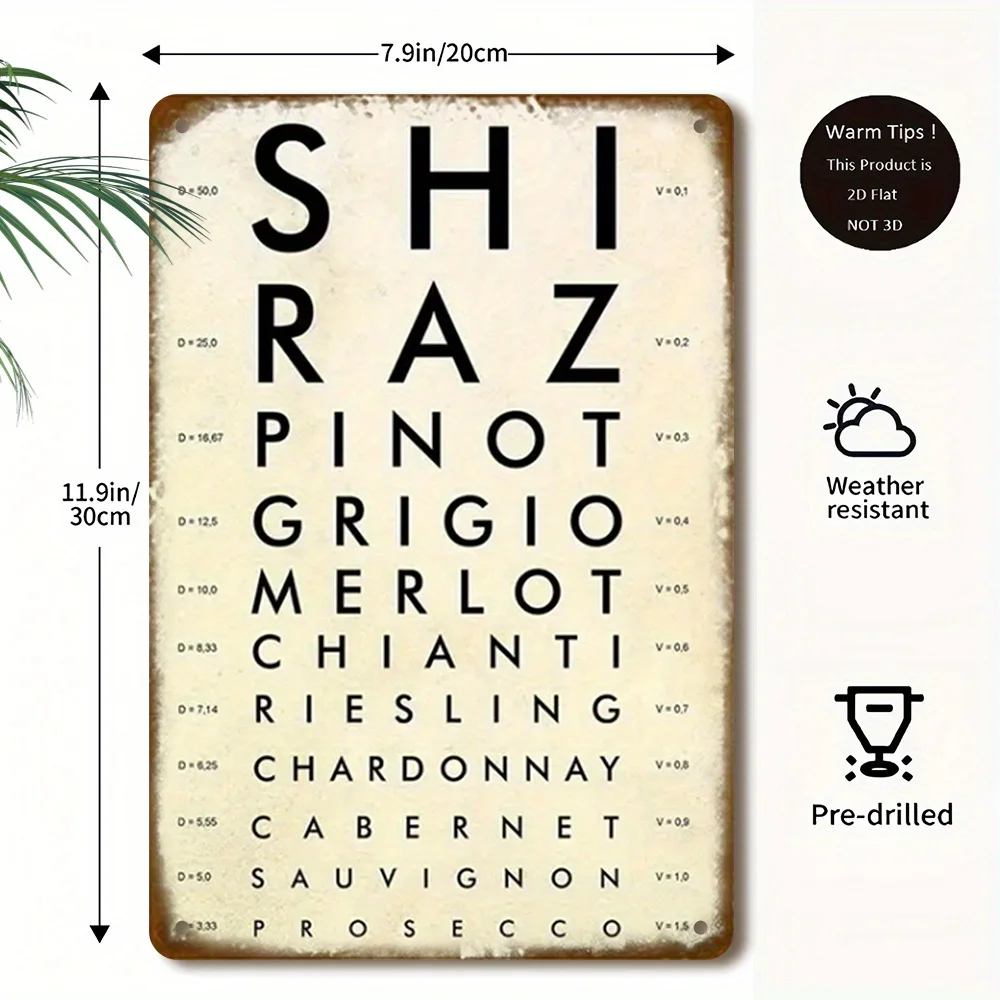 Vintage Wine Eye Chart Metal Tin Sign, Retro Wine Varieties (Shiraz Pinot Grigio Merlot) Wall Art Decor Plaque for Bar Kitchen W
