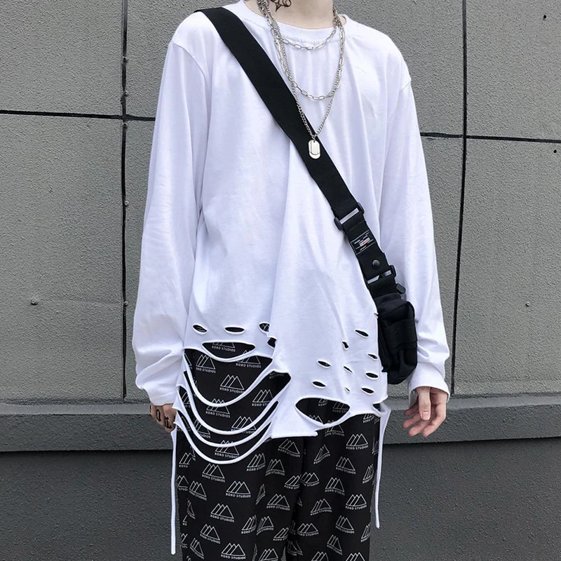 Hip Hop Ripped Hole Women Long Sleeve T Shirts 2022 New Korean Fashion Causal Harajuku Oversized Punk Gothic Clothes Black White