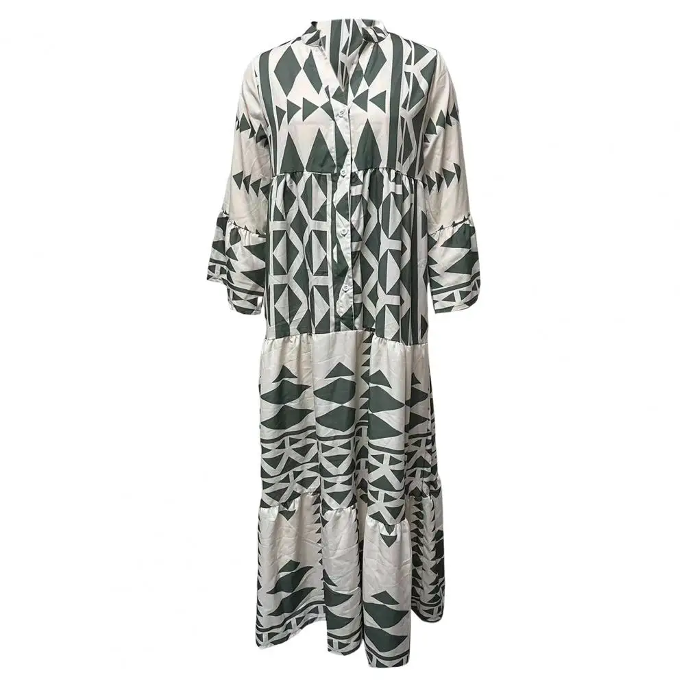 Gaun Maxi Bohemian wanita, Dress bercetak dengan kerah berdiri, cetakan tambal sulam warna-warni musim gugur musim semi bentuk A leher V