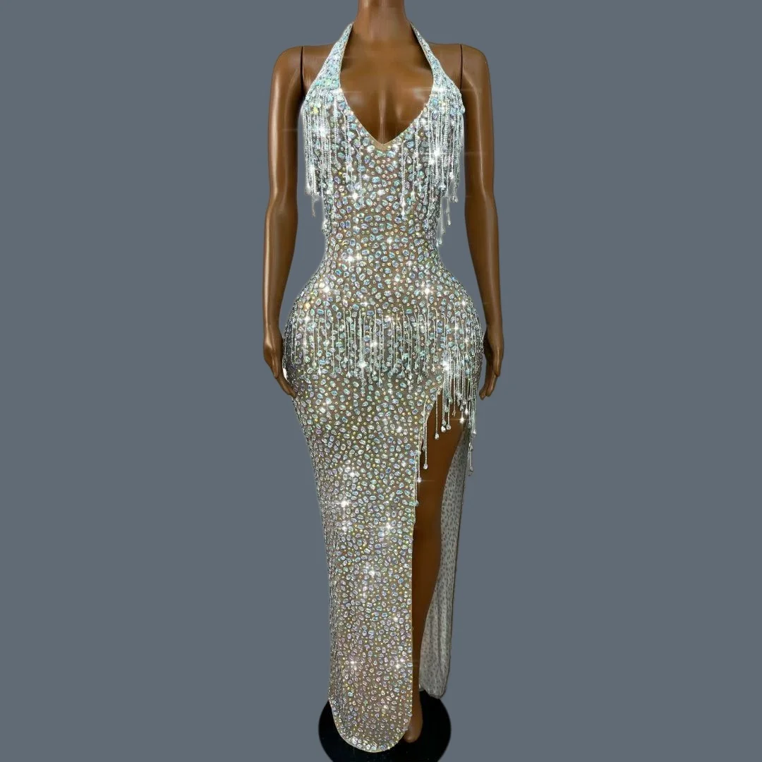 Women Sparkling Crystals Tassel Sexy Evening Gown High Slit Deep V-neck Hanging Neck Elegant Luxury Mesh Long Dress Wulongweibo
