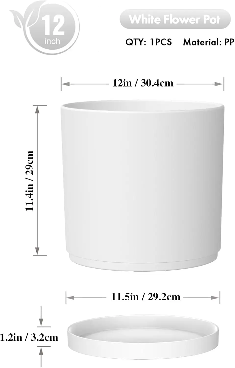 Outdoor and Indoor White Plastic Flower Pots with Drainage Holes and Saucer, Big and Deep for Plant Decoration