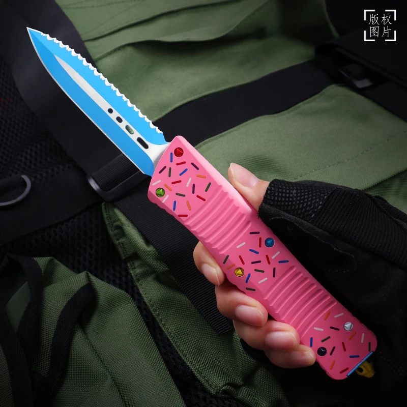 Donut Pink COMBAT TROODON Knife MICRO TECK TECH KNIFE Blue Coated D2 Blade CNC T6 Handle EDC Self Defense Taticial Pocketknife