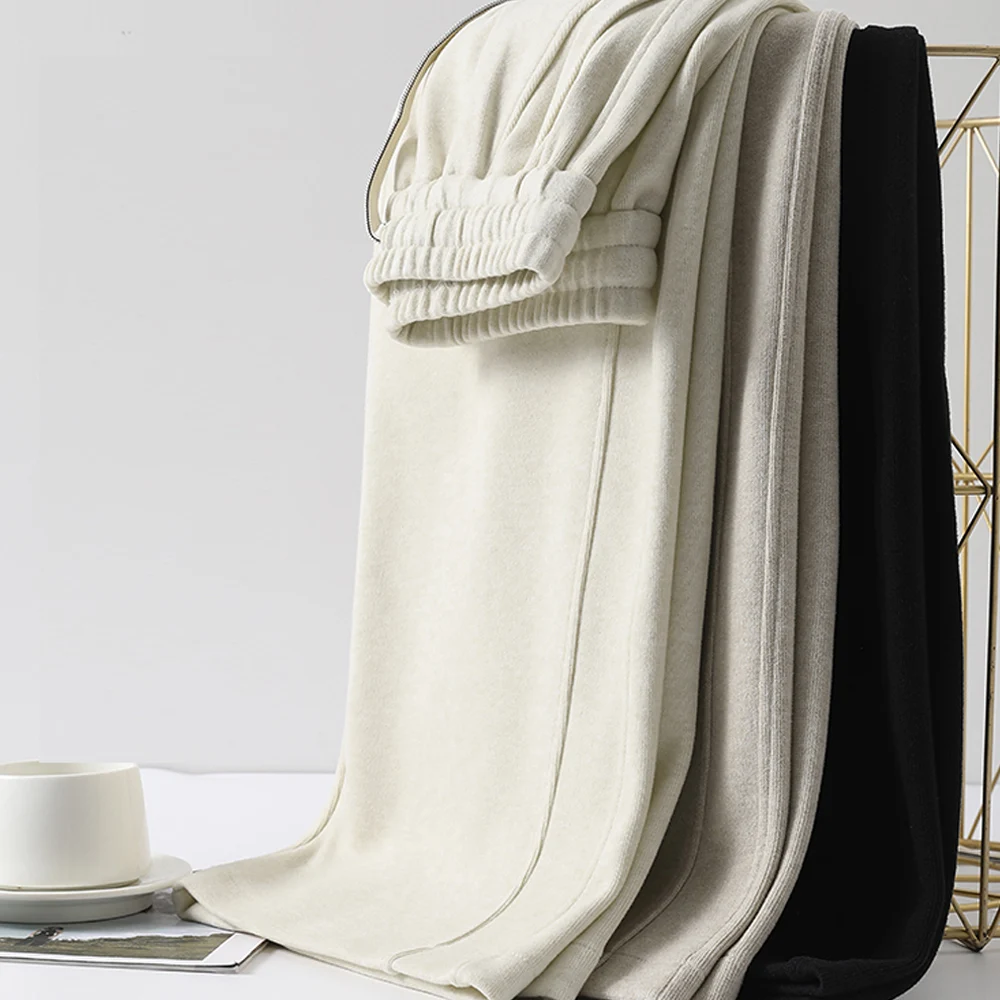 กางเกงขายาวทรงตรงสีแอปริคอทสำหรับผู้หญิง ฤดูใบไม้ร่วงและฤดูหนาว แฟชั่นระดับไฮเอนด์ใหม่ ไซส์พลัส เอวยางยืด สไตล์ลำลอง ขากว้าง