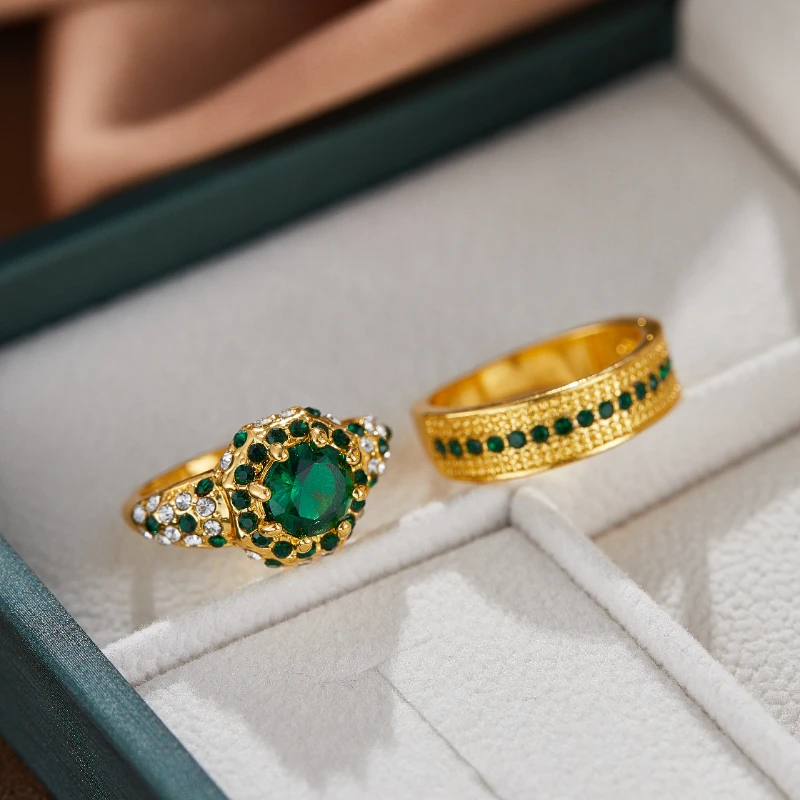 Bagues Hip Hop couleur or pour femmes, ensemble de bagues de mariage en Zircon incrusté de pierres vertes, bijoux de fiançailles de mariée, à la mode