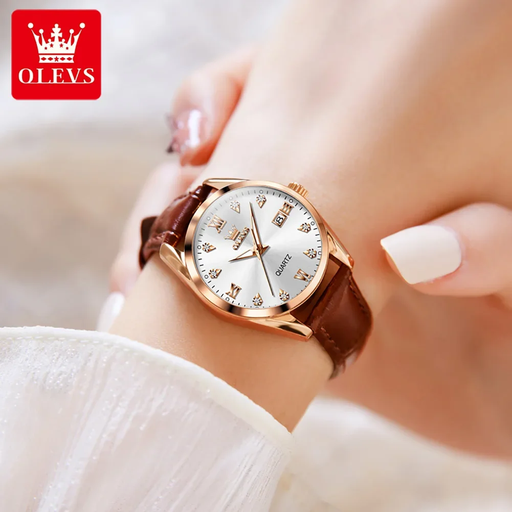 Olevs Originele Quartz Dameshorloge Luxe Diamant Datelwijzerplaat Lichtgevend Polshorloge Waterdicht Lederen Bandje Horloge Voor Dames Klok