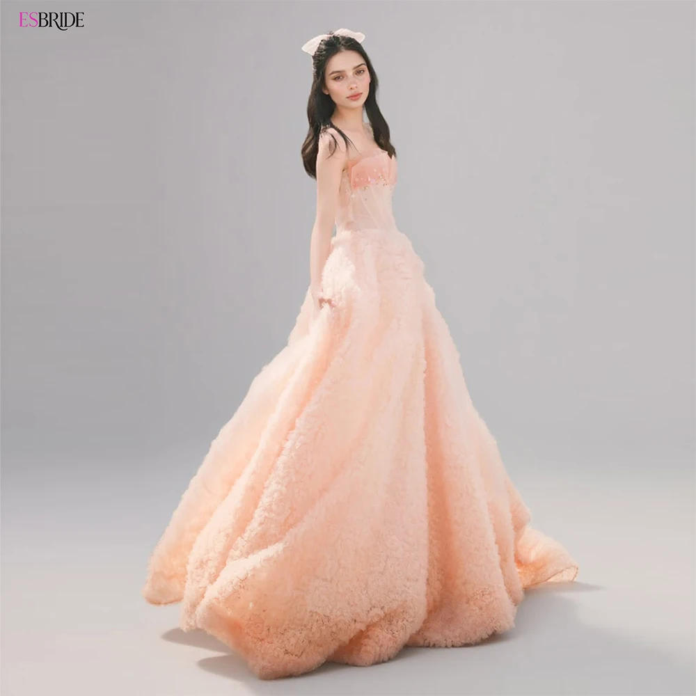ESBRIDE Abito da sera con top a tubo in chiffon rosa chiaro Abito da sera con gonna lunga gonfia a pieghe tridimensionale in vita sottile personalizzato