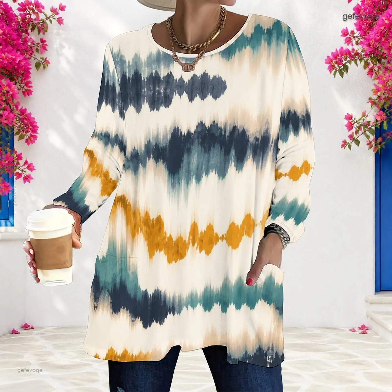 Women Abstract Diagonal Brush Stroke Printed Round Neck Long Sleeve Loose Longline Top With Pockets