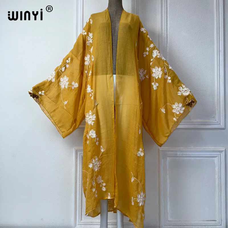 WINYI summer outfit Embroidered elegant cardigan Beach Wear Swim Suit Cover Up Holiday Long Sleeve Kimono beach maxi dress