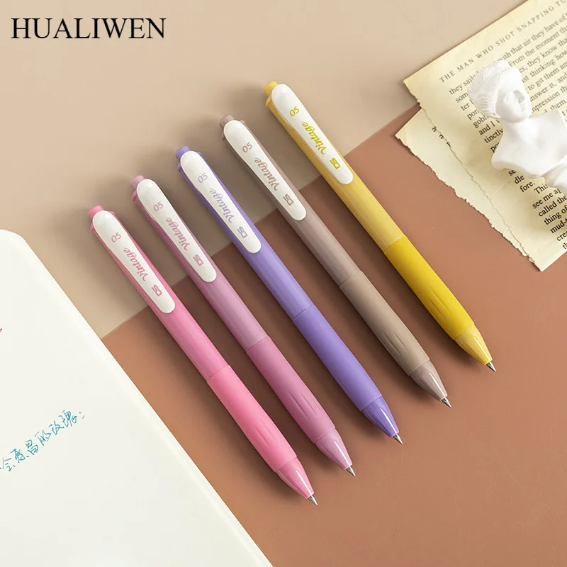 Retractable Vintage Color Gel Pen Quick-drying 0.5mm Binder Clip Soft Rubber Pen Grip Bullet Retro Pen School Office Supplies