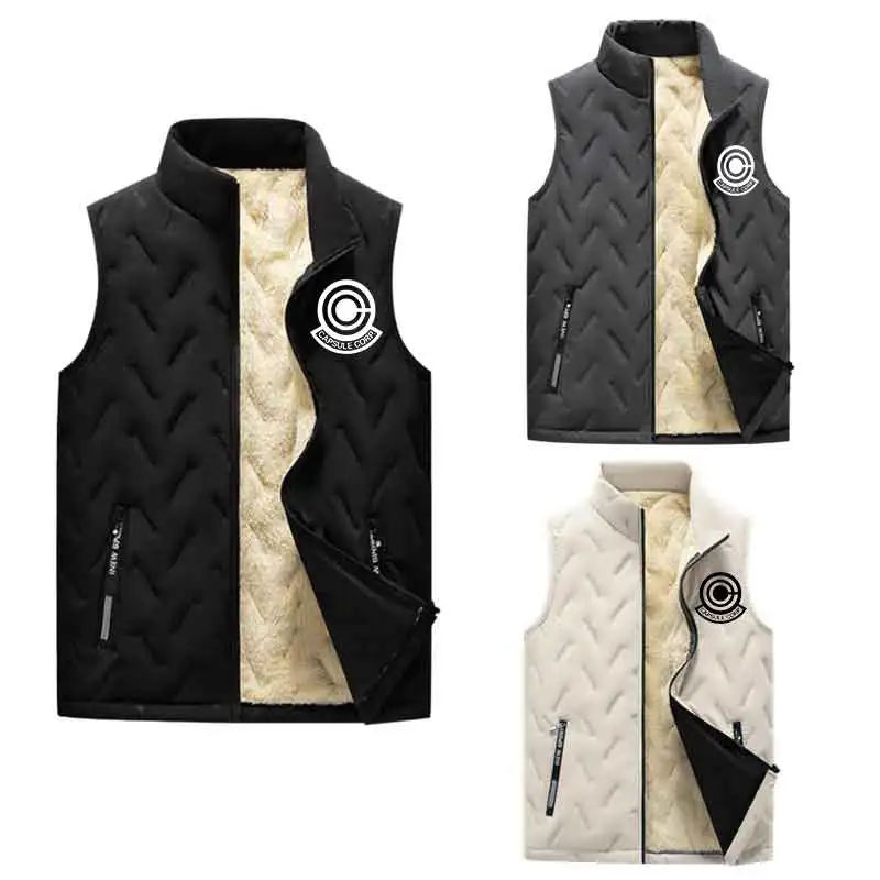 

Winter Men Black Warm Waistcoat Vest Korean Version Pocket Zipper Sleeveless Fleece-lined Thicken Stand Collar Running Outwear