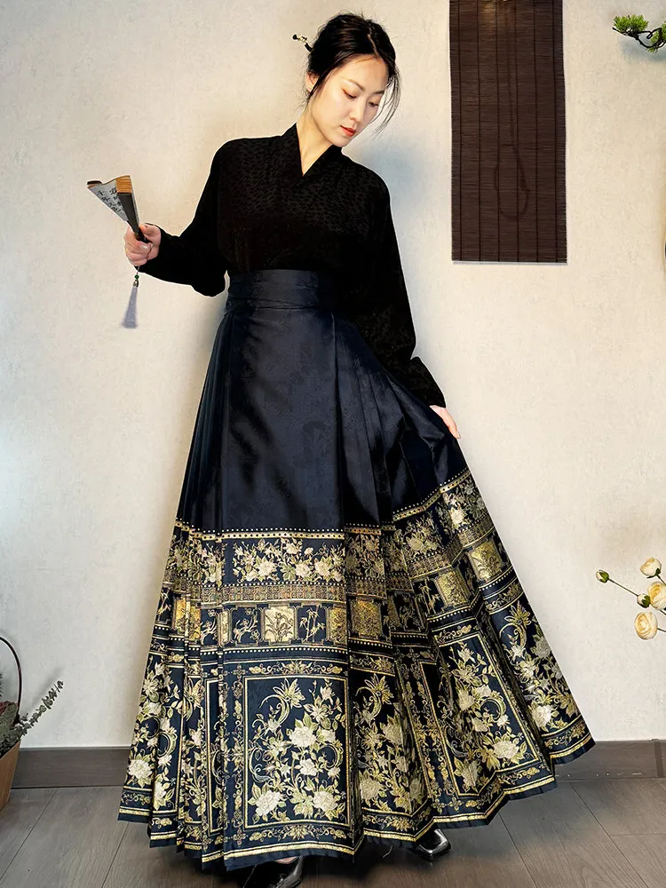 

Original woven gold Ming style horse face skirt, Chinese style new Chinese Hanfu commuting women's dark blue dress, 1 piece