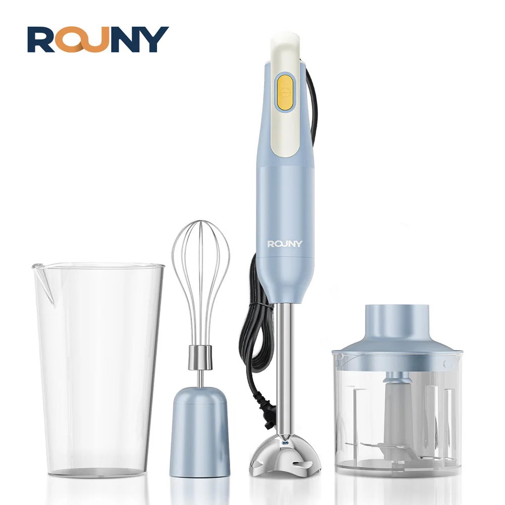 مجموعة خلاطات يدوية 4 في 1، خلاط غمر يدوي مع شفرات من الفولاذ المقاوم للصدأ لخلط طعام المطبخ، أزرق فاتح مبتدئ