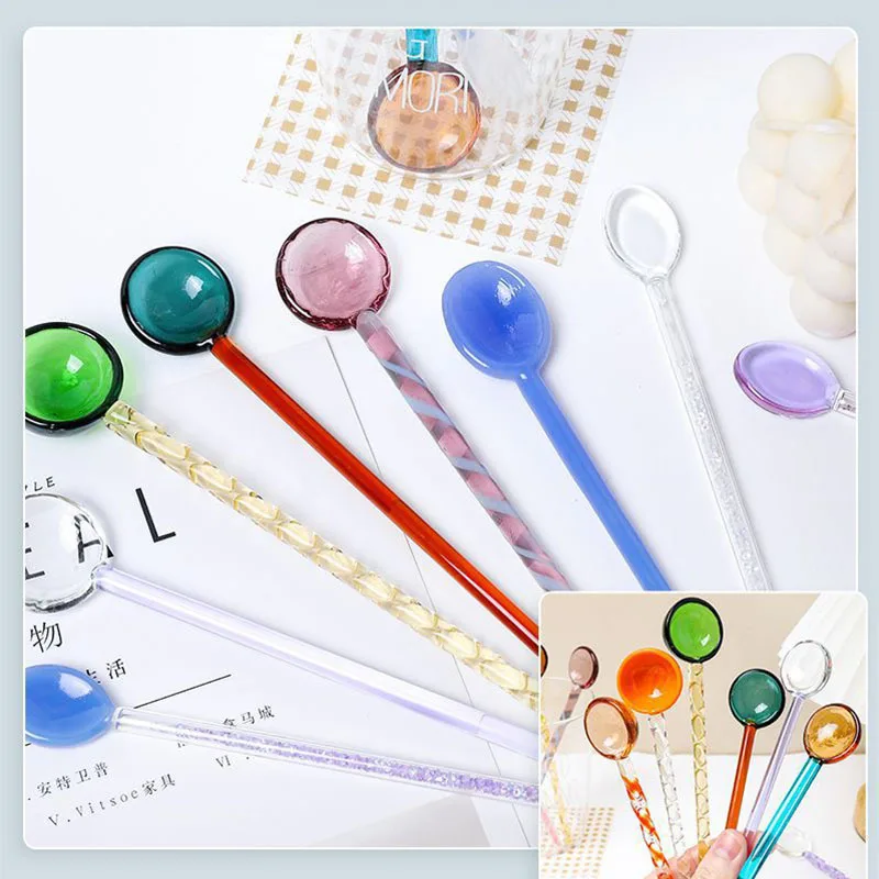 1PC Glass Milk Spoon Colored Transparent Coffee Dessert Stirring Spoons Long Spiral Handle High Temperature Resistant Kitchen