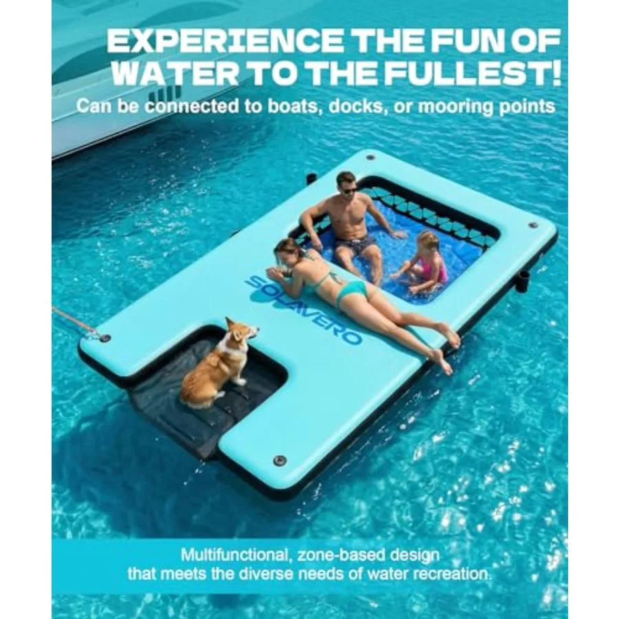 Inflatable Floating Dock for lake and pool use, heavy-duty PVC material, blue color, non-slip surface with water ramp, mesh ham