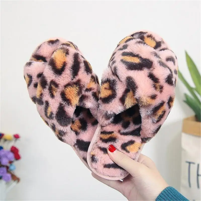 Womens Cross Band Slippers Open Toe Leopard Print Fluffy Slippers Women's Slippers House Warm Bedroom Shoes For Indoor Outdoor