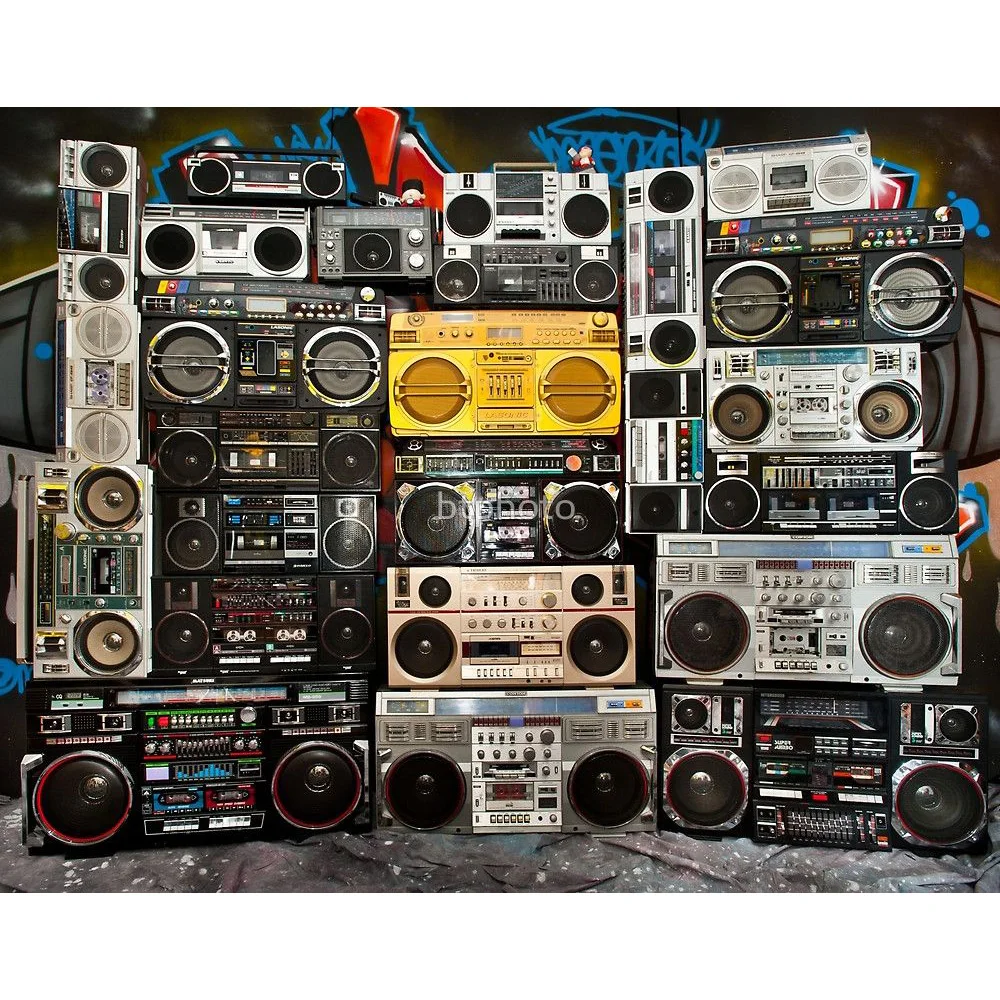 

Vintage Wall of Radio Boombox Music Backdrop Retro 80s Style Photography Background Nostalgic Old Amplifier Antique Loudspeaker