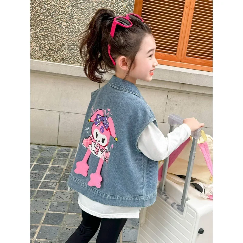 Sanrios Cowboy Vest Kuromi My Melody Girl Coat Autumn New Wear Outside Child Clothing Spring Sleeveless Kawaii Cartoon Jacket