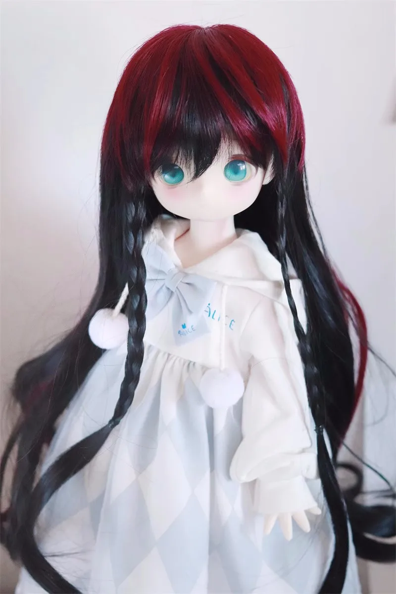 BJD Doll wig suitable for 1/3 1/4 size bangs long curly hair high temperature silk red and black braid doll accessories