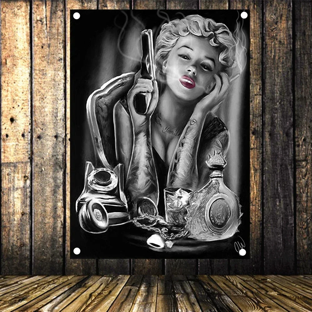Tattoo Girl with Gun  Banner Tapestry Wall Painting Pin Up Art Posters and Prints Wall Hanging Flag Mural Home Decor Drawing