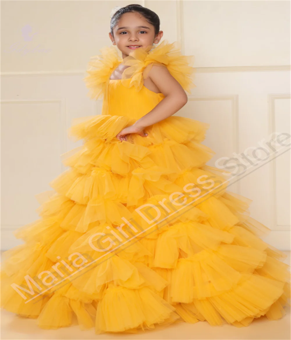 Abito da ragazza per Capodanno, soffice rete con volant, bordo in foglia di loto, elegante abito da compleanno per banchetti per feste di prima comunione per bambini