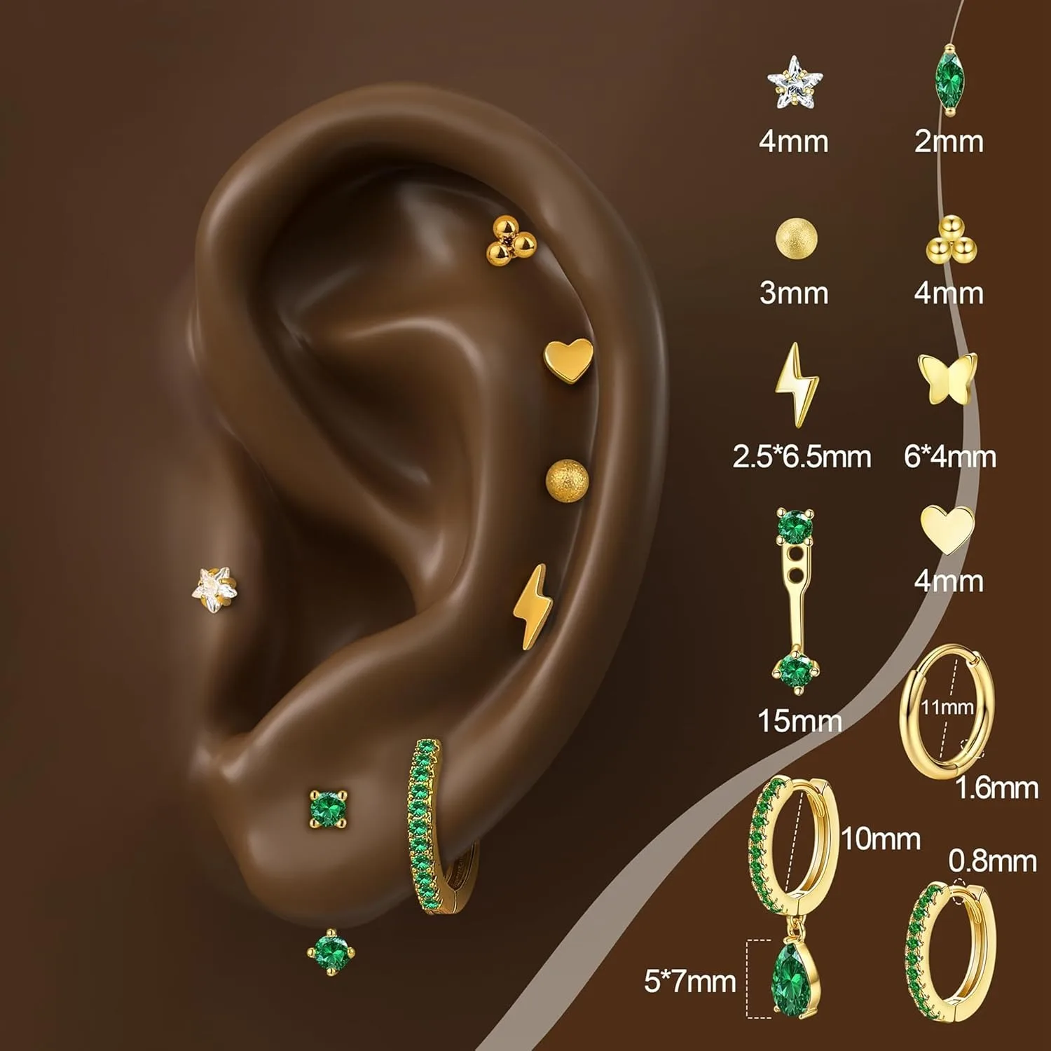 Drperfect 11Pairs الغضروف شقة الظهر مجموعة 14k مطلية بالذهب أقراط للنساء لذيذ صغير هوب طقم من الحلقان لثقب متعددة