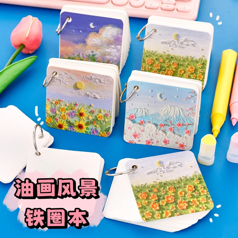 80 Sheets Paper Mini Oil Painting Landscape Ring Notebook Blank Loose-leaf English Vocabulary Pocket Memo Notepad