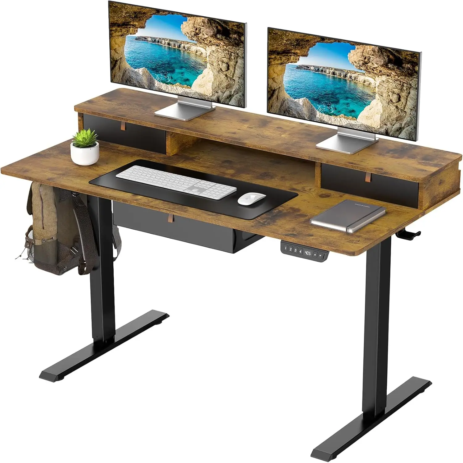 Veken Standing Desk With Under-Desk Drawer And Raised Storage Shelf,Electric Height Adjustable Sit Stand Table,Ergonomic Office