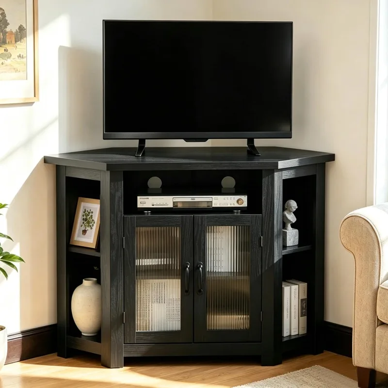 Corner TV Stand for TVs up to 48 Inch, Media Entertainment Center with Storage Shelves and 2 Doors, Console Table