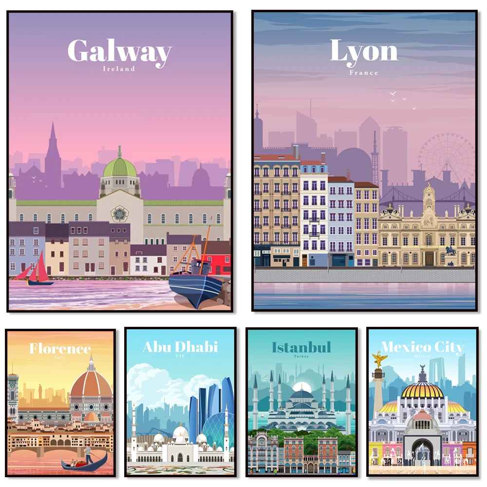 Türkiye, Halifax, Galway, Abu Dhabi, Casablanca, Cairo, Kathmandu, Lyon, Quebec City, Tallinn, Aruba, Valencia travel posters