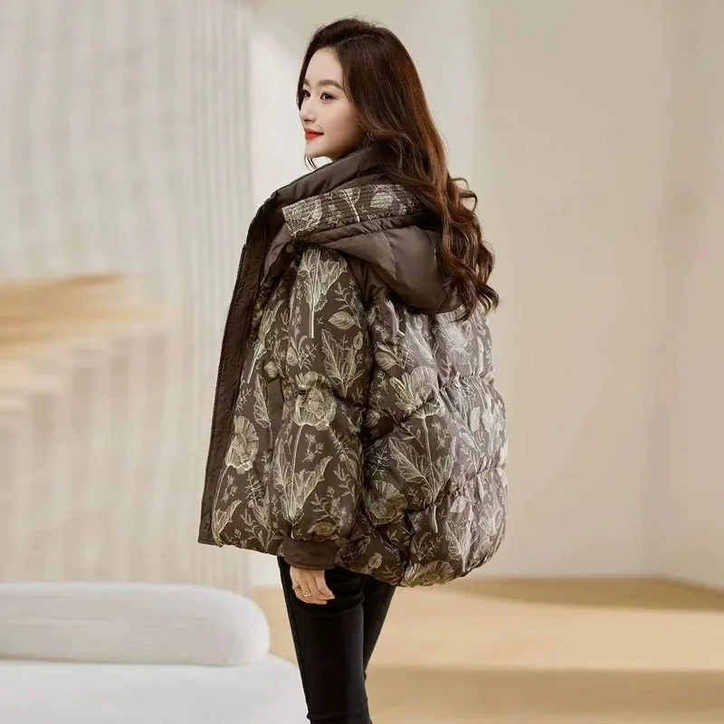 Winter Women's Plus Size Loose Fit Printed Cotton Padded Coat with Hood Thick Warm Fashionable Outerwear