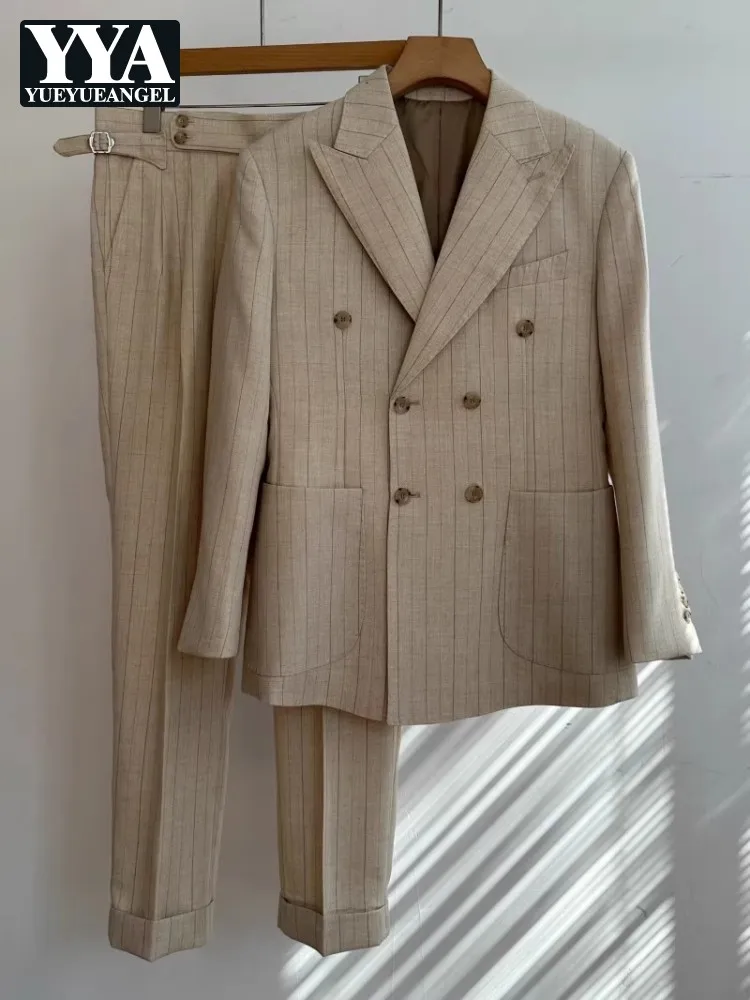 Autumn New Men Double Breasted Blazer Pants Two Piece Set Vintage Striped Formal Dress Suit Slim Fit Business Work Matching Sets