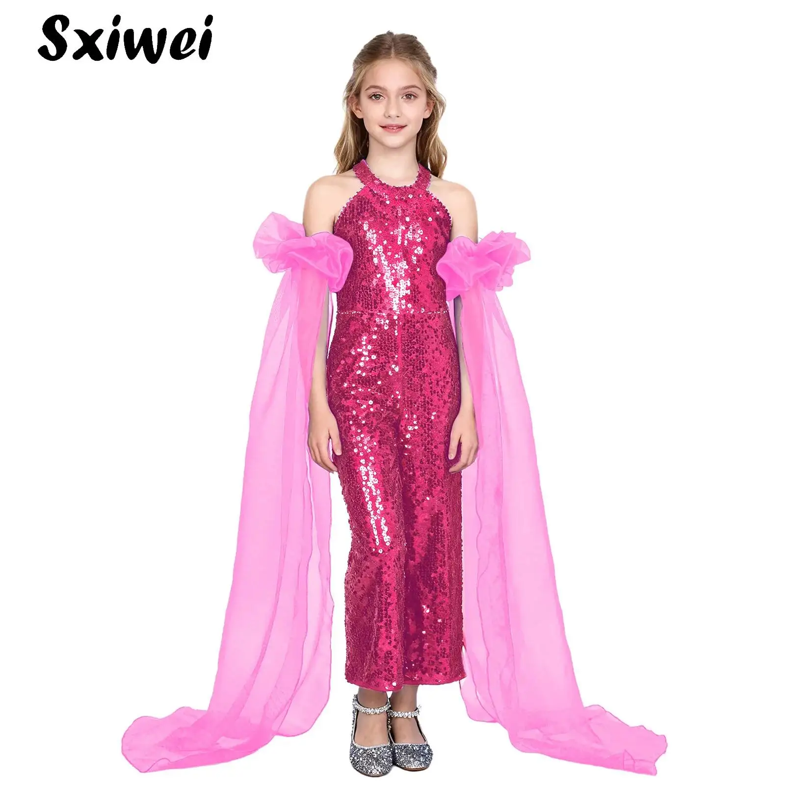 

Girls Shiny Sequin Pageant Party Rompers and Tulle Oversleeves Halter Neck Strappy Back Sleeveless Wide Leg Pants Jazz Dancewear