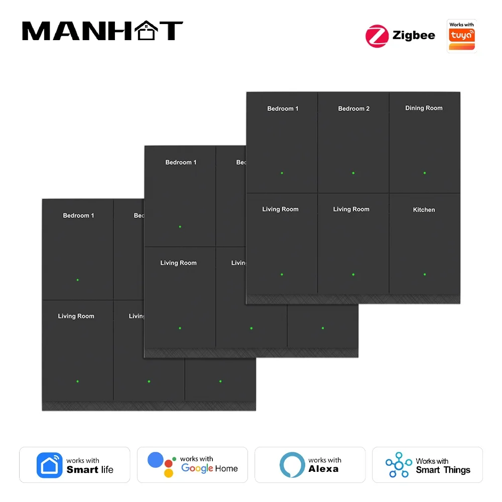 Manhot Zigbee DIY Name Switch Display Screen 6/8 Gang Push Button Light Switches Works with Tuya Alexa Google Home Zigbee2MQTT
