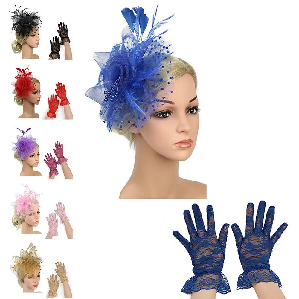 Mesh Flower Feather Headpiece & Gloves Set Cocktail Stylish Tea Party Headband Wedding Feathers Hair Clip for Women Girls
