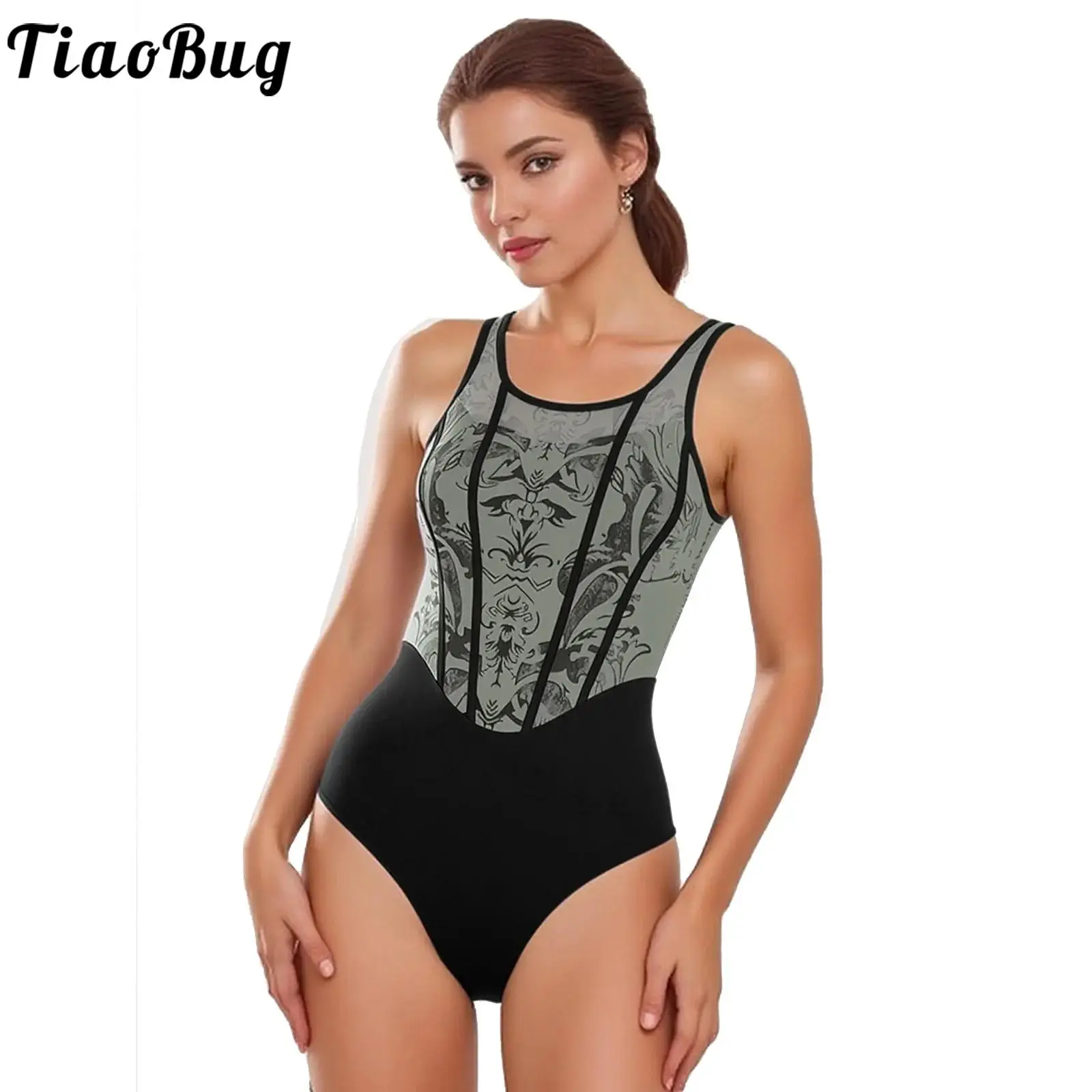 

Women Ballet Dance Leotards Gymnastics Bodysuit Sleeveless Backless One-piece Floral Sheer Mesh Jumpsuit for Yoga Dance Training