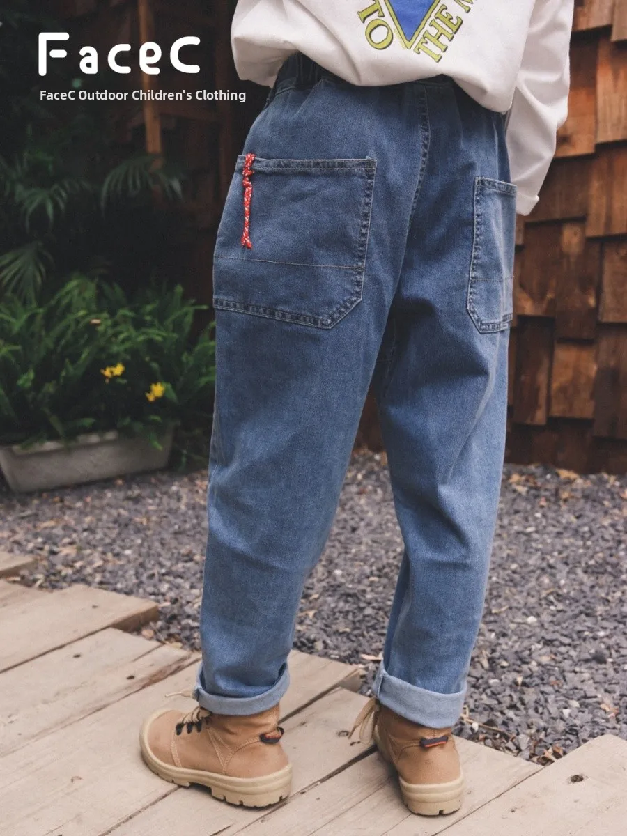 Retro Washed Outdoor Children's Jeans Straight Leg Cotton Pants for Boys Spring Autumn New Style FaceC Mountain Series