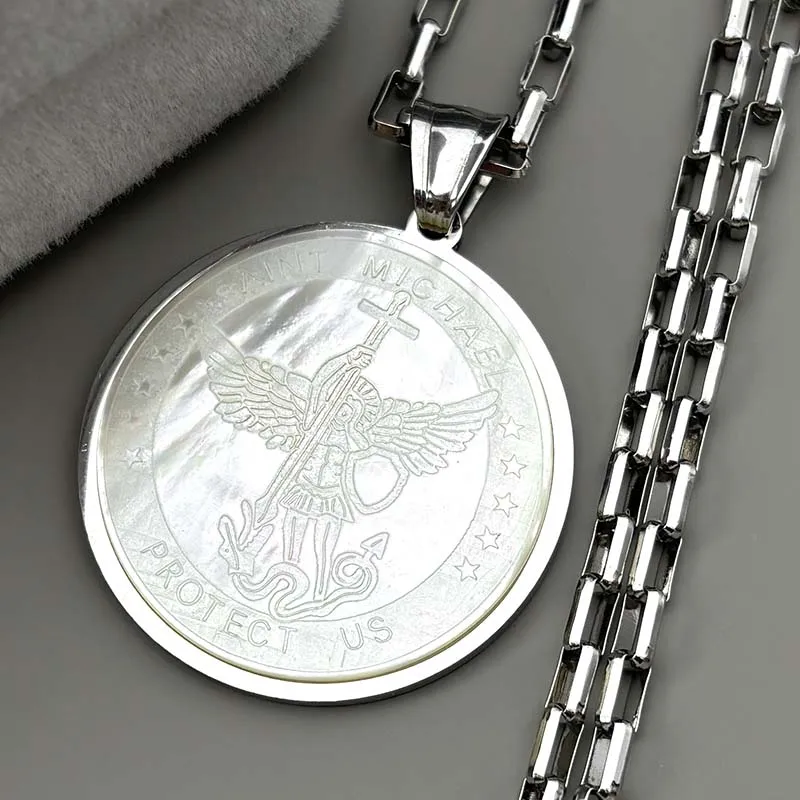 

SAINT MICHAEL PROTECT US Archangel Men Women Natural Shell Necklace Stainless Steel Gold Color Catholic Necklaces Jewelry