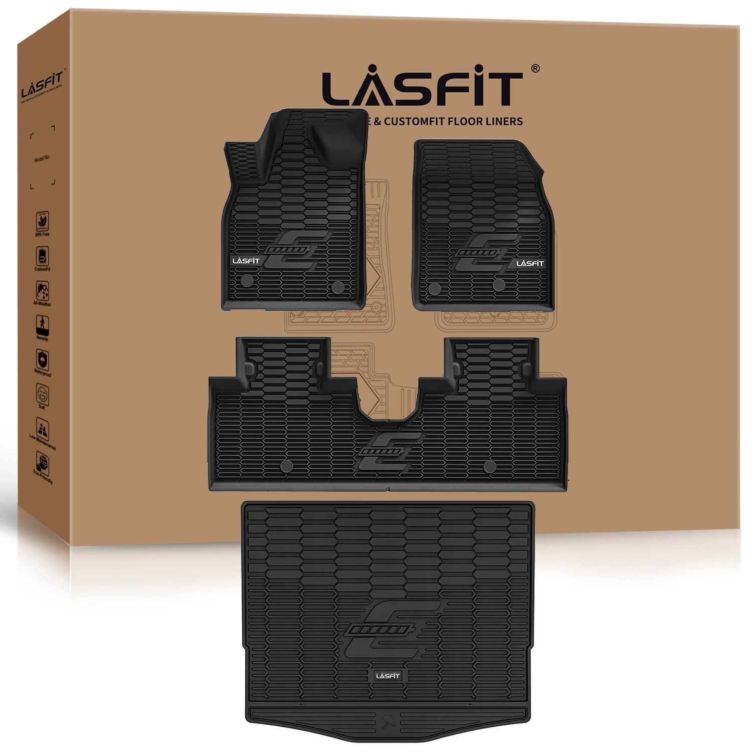 LASFIT Floor Mats Fit For Ford Mustang Mach-E 2021-2024 ( Trunk Base Upper Only ) 1st & 2nd Row & Cargo Mat TPE Material Liners