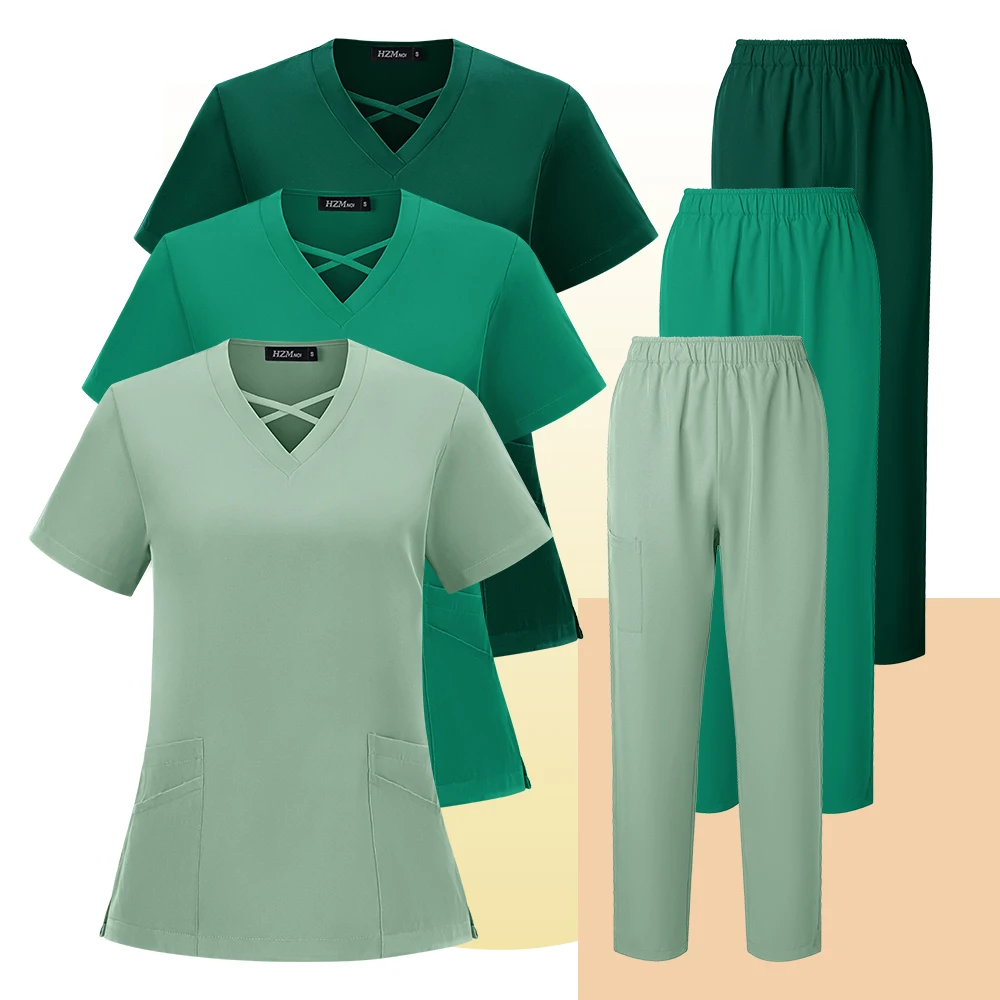 

High Quality Hospital Uniform Wholesale V-neck Tops and Pants Pet Beauty Care Medical Women's Scrubbing Set