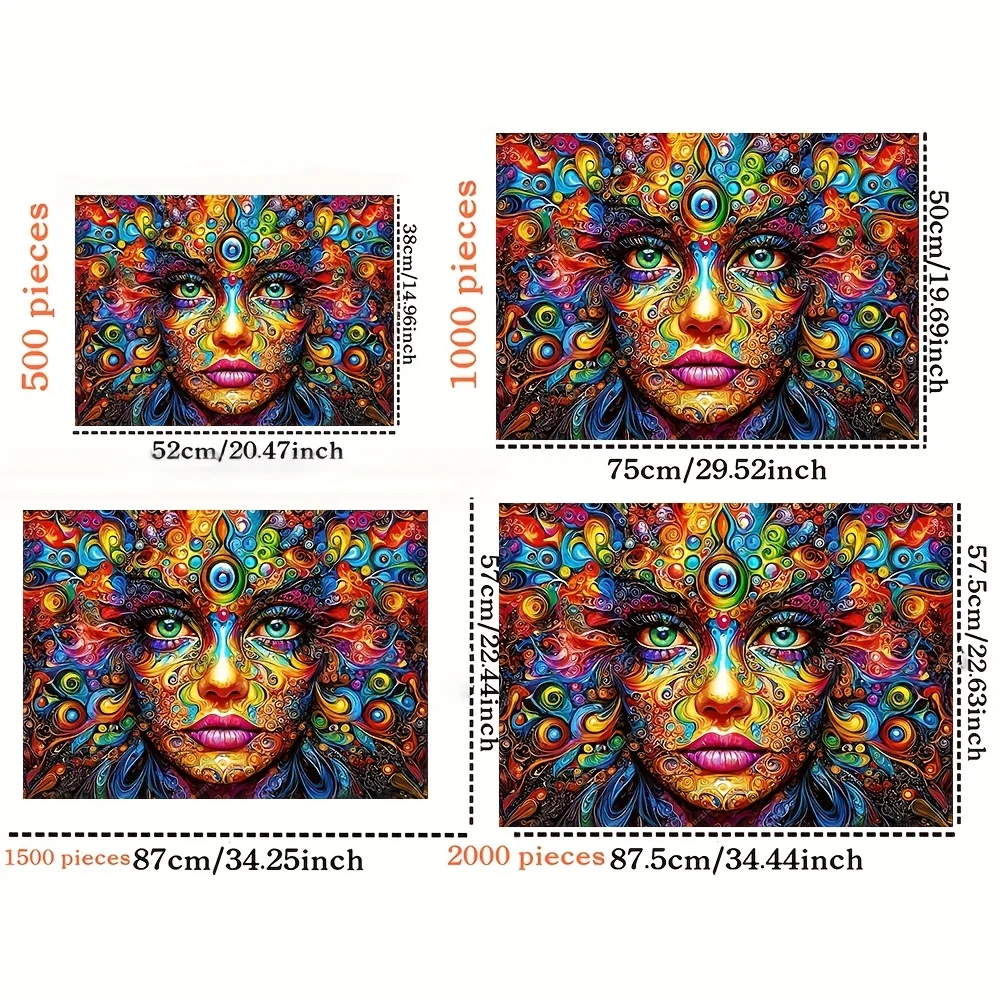 2000/1500/1000/500pcs Psychedelic Art Face Jigsaw Puzzle for Adults - Vibrant Swirling Colors, Intricate Trippy Design, Premiu
