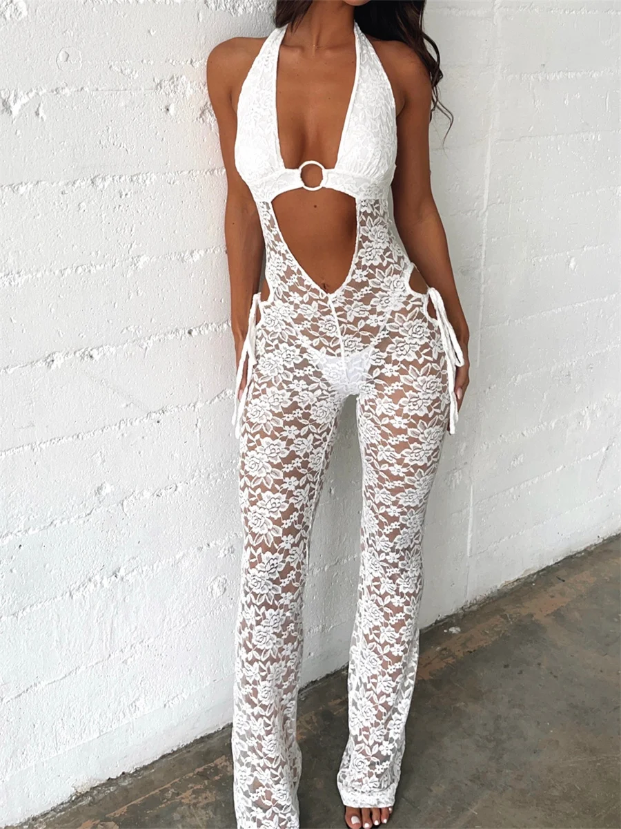 

Sexy See Through Floral Lace 1Piece Women Jumpsuit Cutout Halter Elegant Backless Black White Jumpsuits Nightclub Outfits