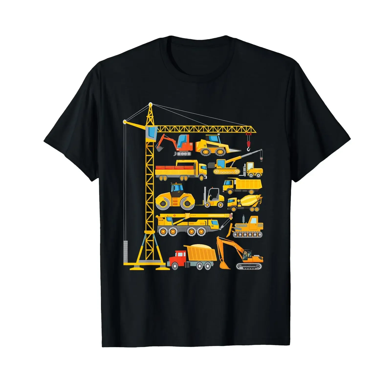 Construction vehicles excavator bulldozer for children T shirt black s vintage Washed Versatile Unisex Slightly