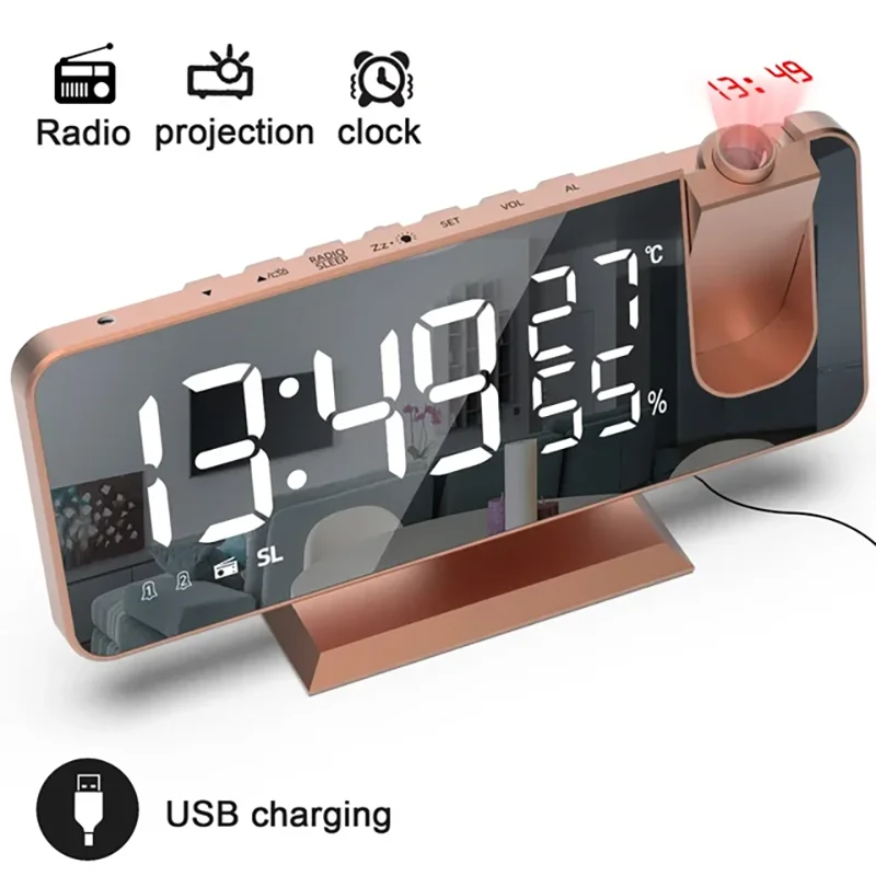 LED Screen Digital USB Wake Up FM Radio Time Projector Table Clock with Temperature Humidity Date Week Display Clock Home Decor