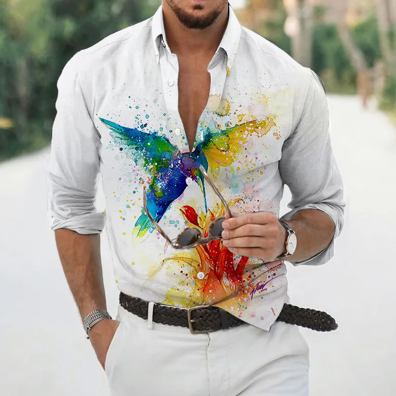 New summer Hawaiian bird flower shirt men's 3D printed long-sleeved animal shirt beach holiday plus size T-shirt men's S-6XL