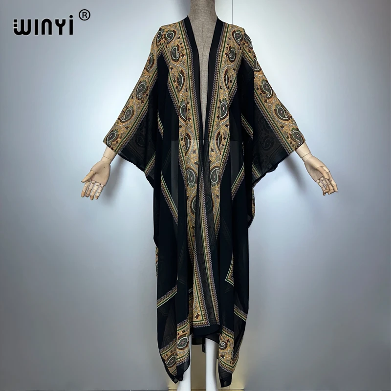 

WINYI kimono Classic pattern print sweet lady beach Bohemian long Cardigan Cover-up stitch Casual Boho Maxi Holiday party kimono