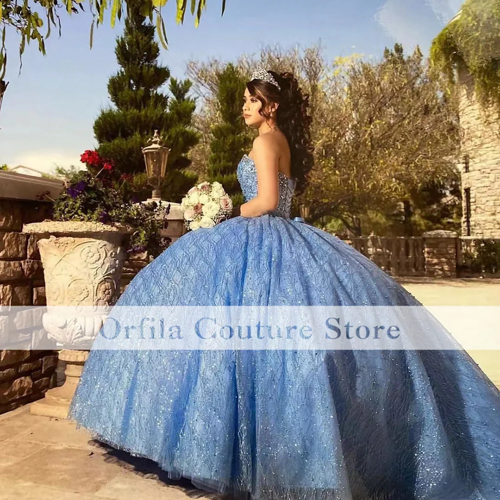 โรแมนติกสีฟ้า Sparkly Quinceanera ชุดประดับด้วยลูกปัดหวาน15 16ปีสาวเจ้าหญิงพรหม Gowns