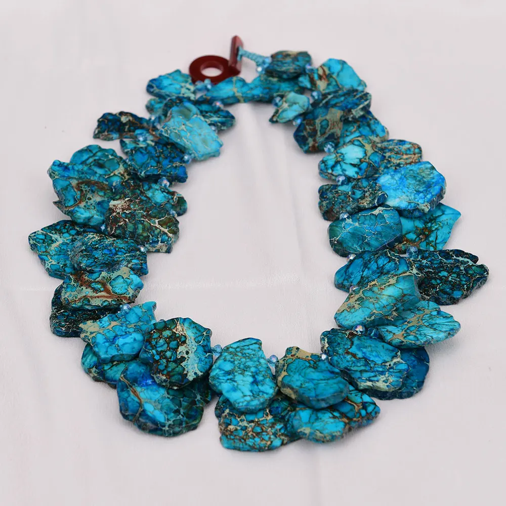 G-G 22\'\' 2 Rows Mix Color Blue Sea Sediment Imperial Jasper Crystal Necklace Handmade For Women